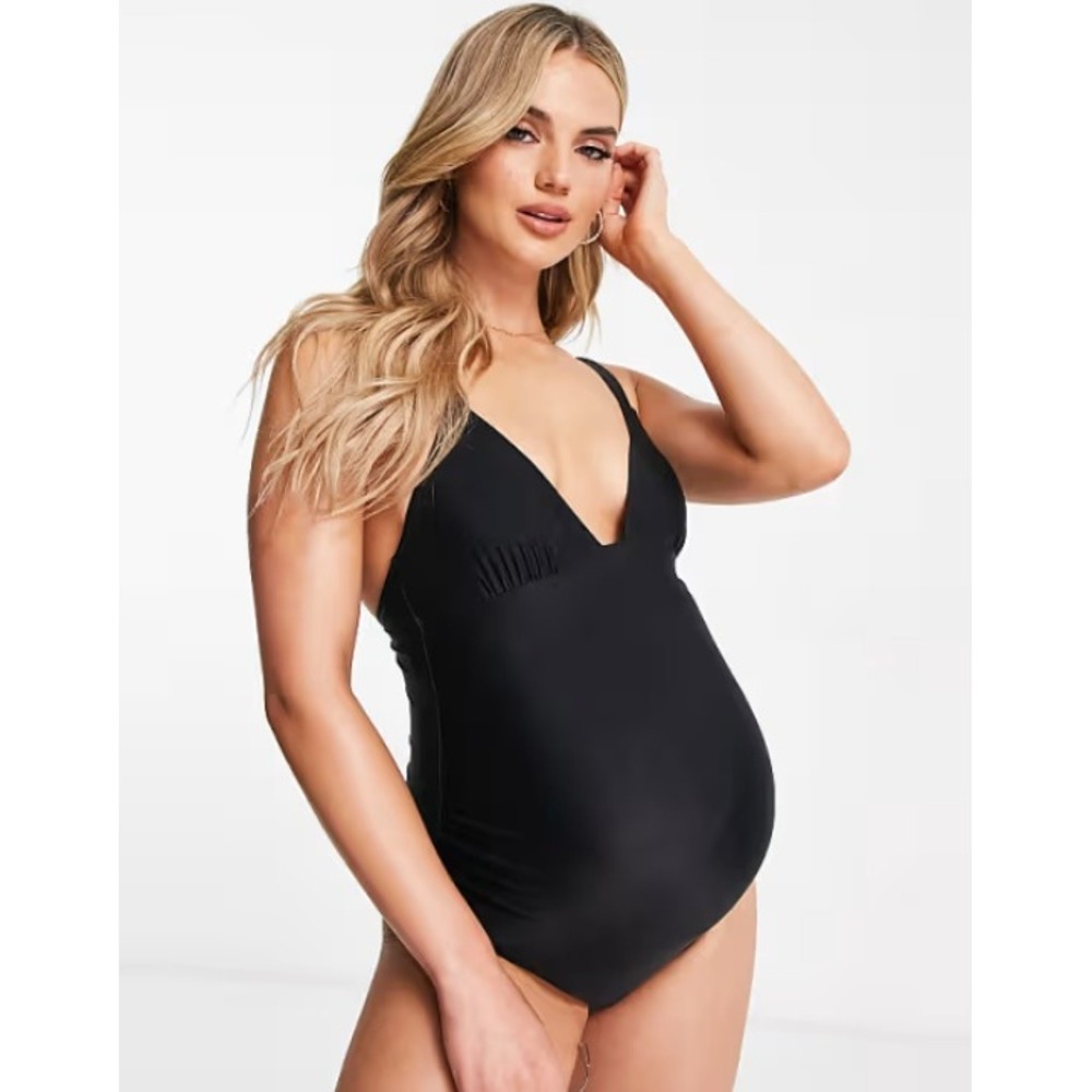 The Frolic Maternity Black Dantan One Piece Swimsuit Deep V-Neck Cross Back 8